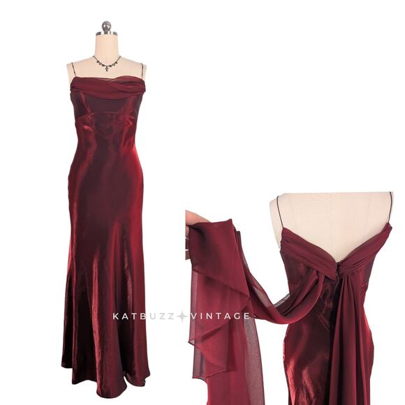 Vintage Dave Johnny Prom Dress Maxi Gown 10 Red 90s Y2K Fairy Goth Cowl Satin - Picture 1 of 12